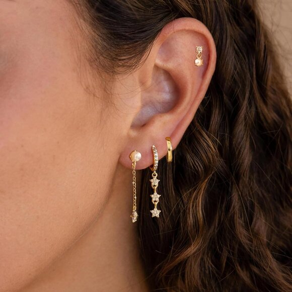 Dainty 14K Gold Plated 4 pearl chain set-GD Hoops Trendy Earring Set for Women - Picture 2 of 7